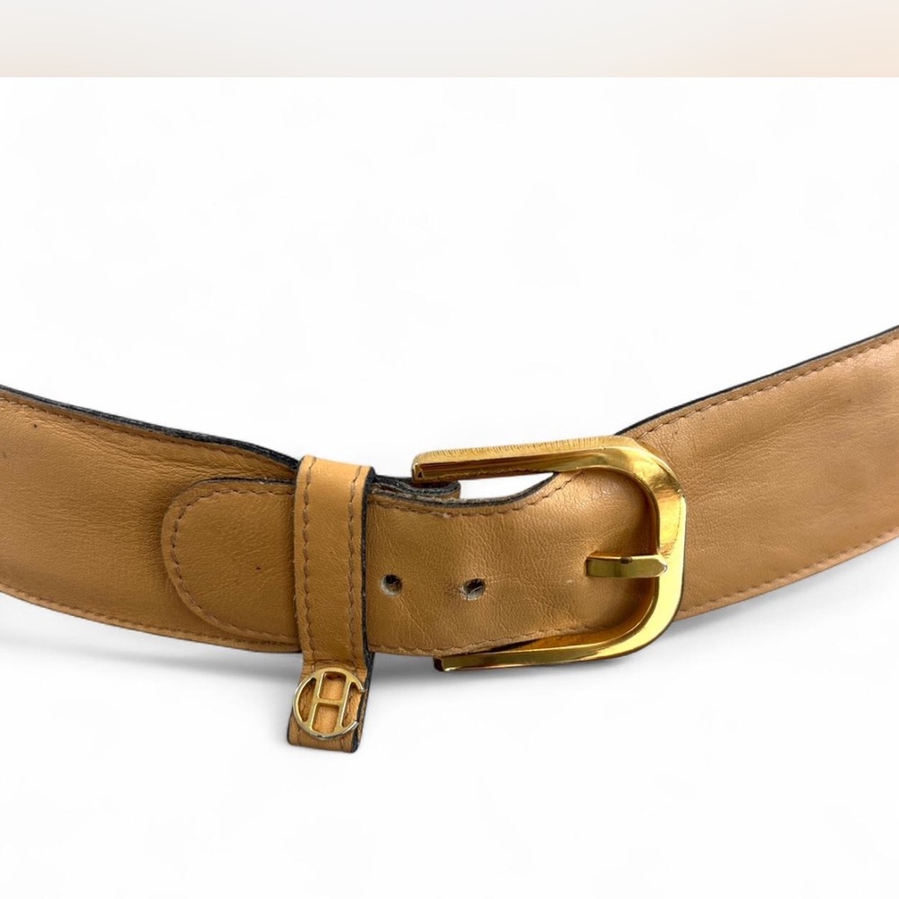 Vintage Hattie Carnegie 1960s Leather Belt Tan and Gold small